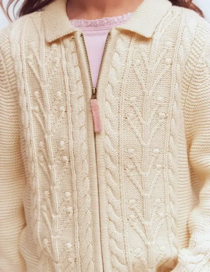 Collared Cable Zip-up Ecru Marl