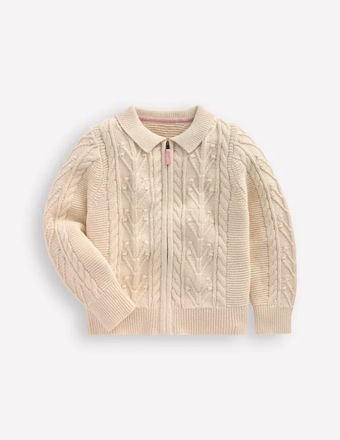 Collared Cable Zip-up Ecru Marl