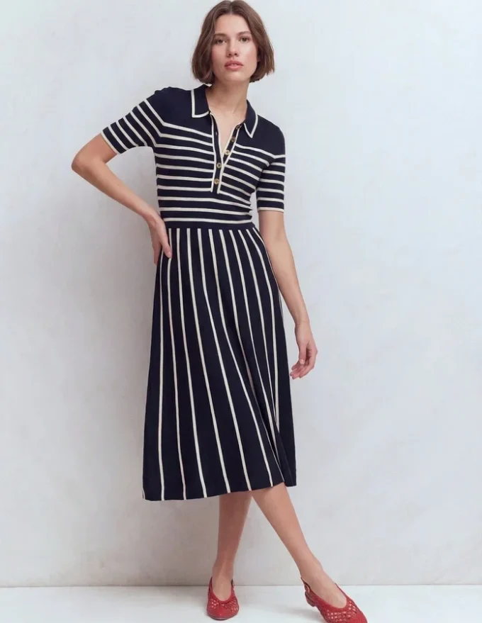 Collared Knitted Midi Dress French Navy and Ivory Stripe Collared Knitted Midi Dress French Navy and Ivory Stripe
