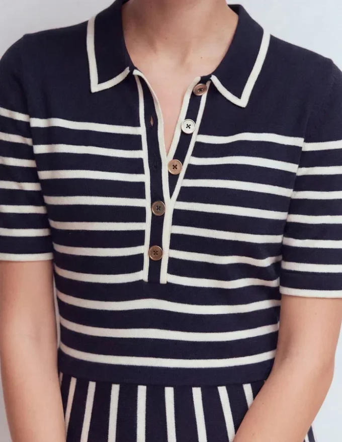 Collared Knitted Midi Dress French Navy and Ivory Stripe Collared Knitted Midi Dress French Navy and Ivory Stripe