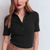 Collared Ribbed Henley Top Black Collared Ribbed Henley Top Black