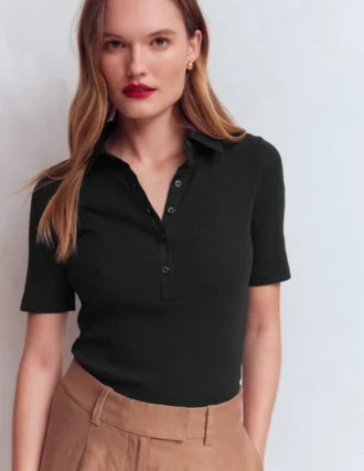 Collared Ribbed Henley Top Black