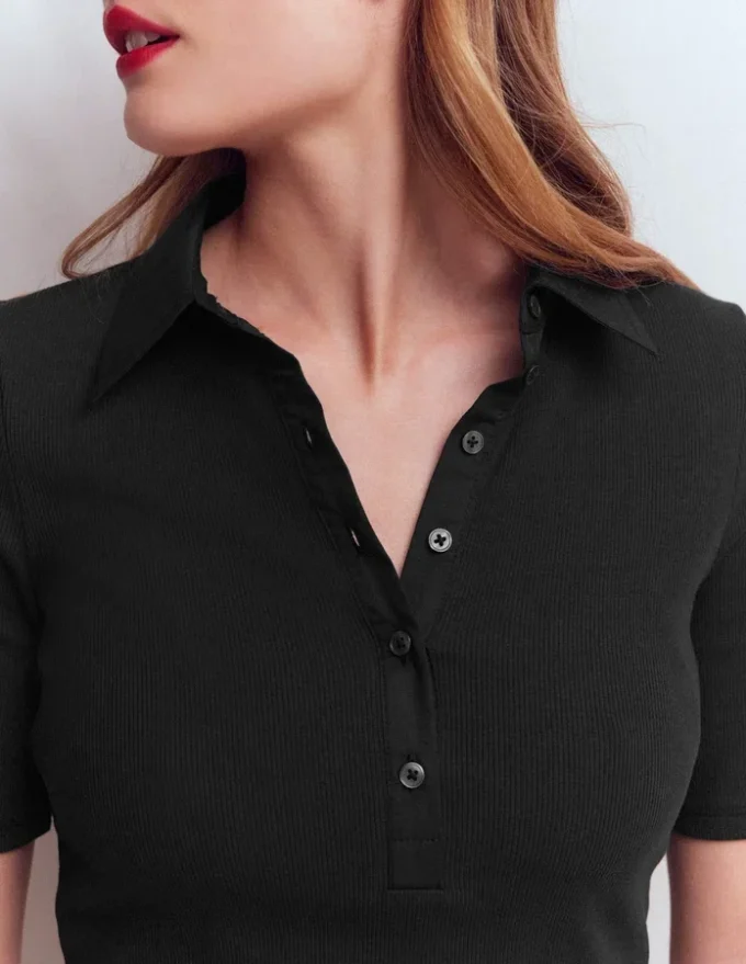 Collared Ribbed Henley Top Black Collared Ribbed Henley Top Black
