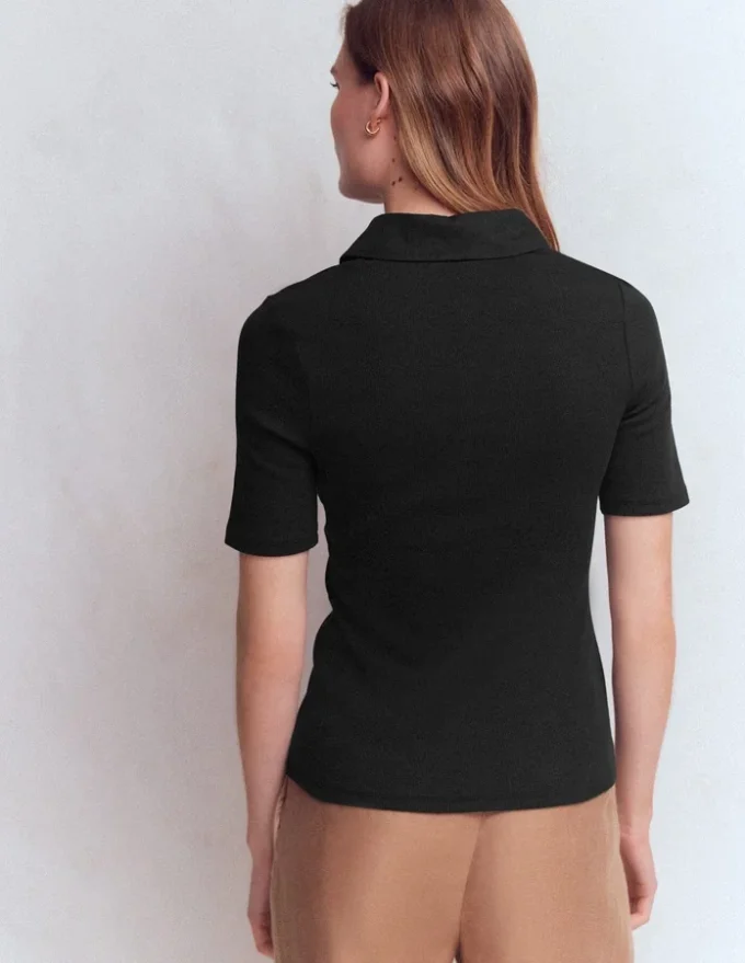 Collared Ribbed Henley Top Black Collared Ribbed Henley Top Black