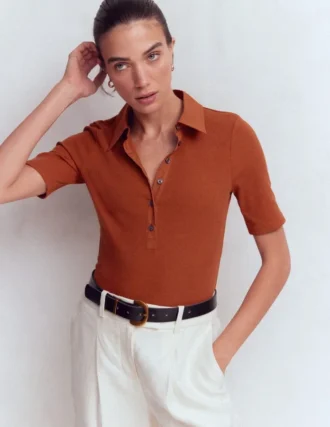 Collared Ribbed Henley Top Burnt Orange