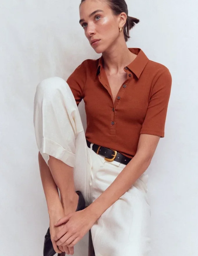 Collared Ribbed Henley Top Burnt Orange Collared Ribbed Henley Top Burnt Orange