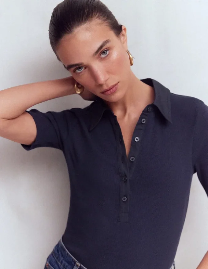 Collared Ribbed Henley Top Navy