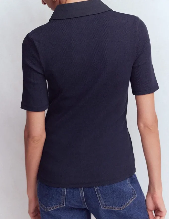 Collared Ribbed Henley Top Navy