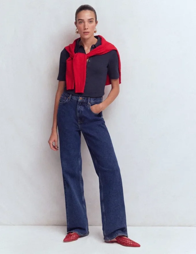 Collared Ribbed Henley Top Navy