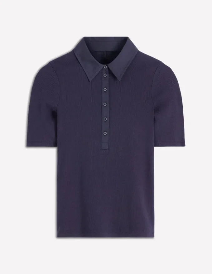 Collared Ribbed Henley Top Navy