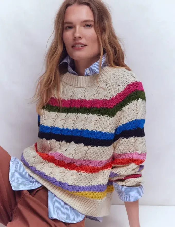 Cotton Cable Jumper Warm Ivory, Rainbow Cotton Cable Jumper Warm Ivory, Rainbow