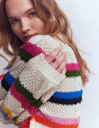 Cotton Cable Jumper Warm Ivory, Rainbow