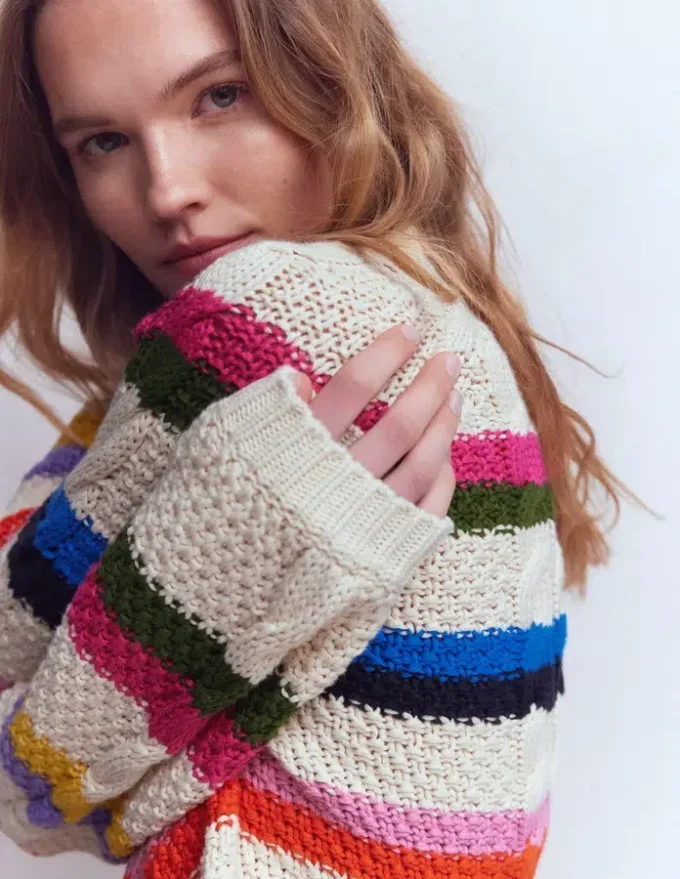 Cotton Cable Jumper Warm Ivory, Rainbow Cotton Cable Jumper Warm Ivory, Rainbow
