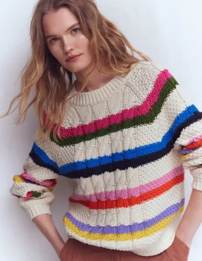 Cotton Cable Jumper Warm Ivory, Rainbow Cotton Cable Jumper Warm Ivory, Rainbow
