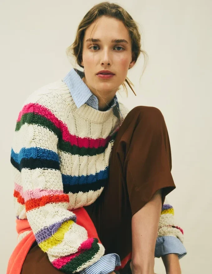 Cotton Cable Jumper Warm Ivory, Rainbow Cotton Cable Jumper Warm Ivory, Rainbow