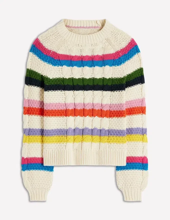 Cotton Cable Jumper Warm Ivory, Rainbow Cotton Cable Jumper Warm Ivory, Rainbow
