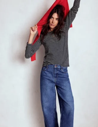 Cotton Crew Long Sleeve Top Navy, Ivory Stripe