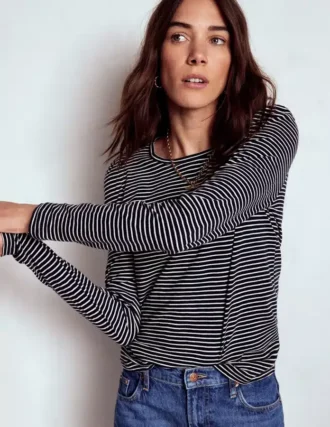 Cotton Crew Long Sleeve Top Navy, Ivory Stripe