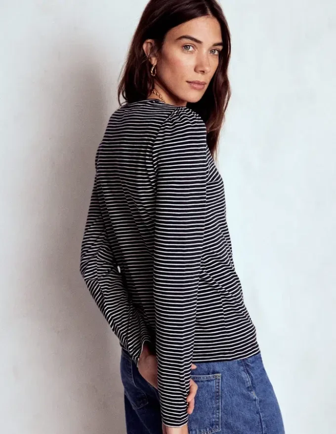 Cotton Crew Long Sleeve Top Navy, Ivory Stripe Cotton Crew Long Sleeve Top Navy, Ivory Stripe