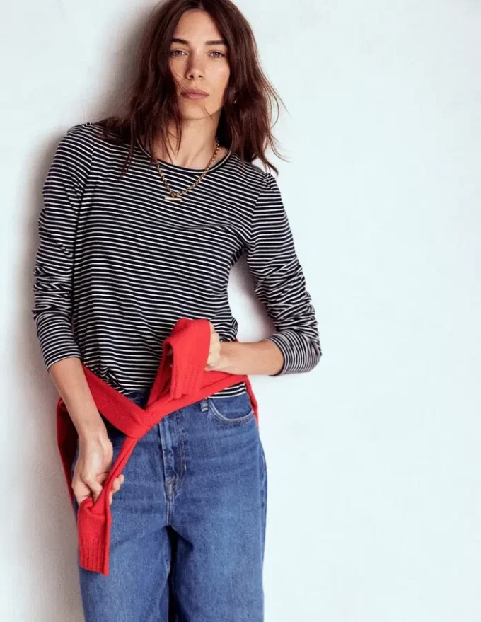 Cotton Crew Long Sleeve Top Navy, Ivory Stripe Cotton Crew Long Sleeve Top Navy, Ivory Stripe
