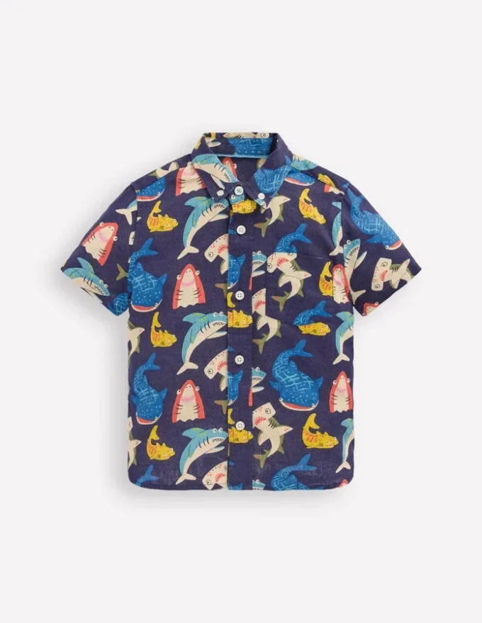 Cotton Linen Shirt College Navy Multi Sharks