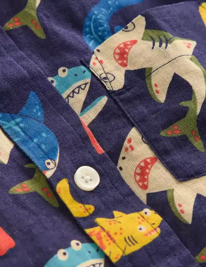 Cotton Linen Shirt College Navy Multi Sharks