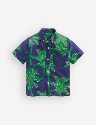 Cotton Linen Shirt Green Palm Trees