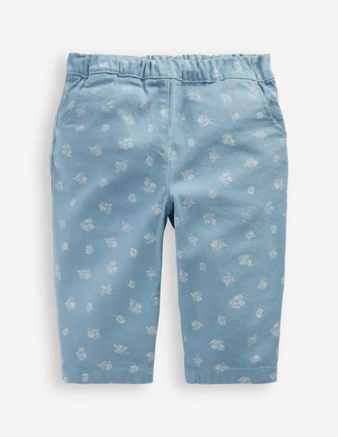 Cotton Pull-on Pants Blue Floral Print