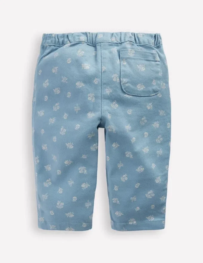 Cotton Pull-on Pants Blue Floral Print