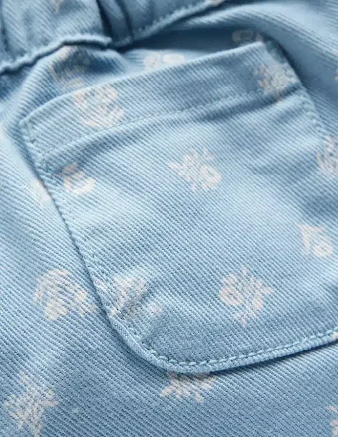 Cotton Pull-on Pants Blue Floral Print