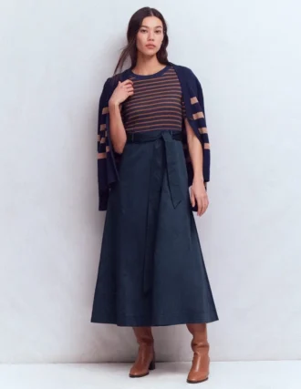 Crew Neck Mix Media Dress Navy and Gingerbread Stripe
