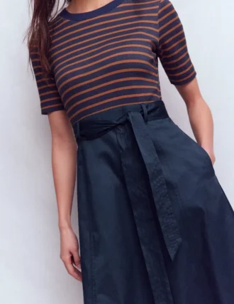 Crew Neck Mix Media Dress Navy and Gingerbread Stripe