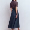 Crew Neck Mix Media Dress Navy and Gingerbread Stripe Crew Neck Mix Media Dress Navy and Gingerbread Stripe