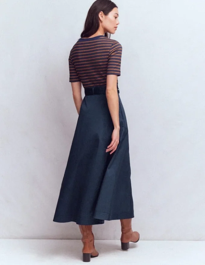 Crew Neck Mix Media Dress Navy and Gingerbread Stripe Crew Neck Mix Media Dress Navy and Gingerbread Stripe