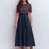 Crew Neck Mix Media Dress Navy and Gingerbread Stripe Crew Neck Mix Media Dress Navy and Gingerbread Stripe