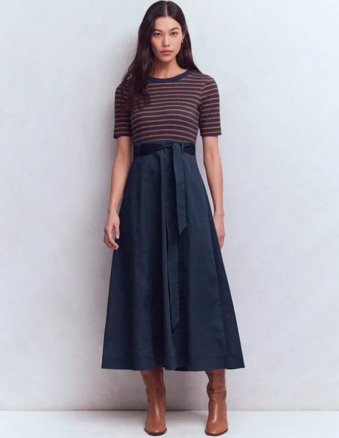 Crew Neck Mix Media Dress Navy and Gingerbread Stripe Crew Neck Mix Media Dress Navy and Gingerbread Stripe