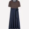 Crew Neck Mix Media Dress Navy and Gingerbread Stripe Crew Neck Mix Media Dress Navy and Gingerbread Stripe