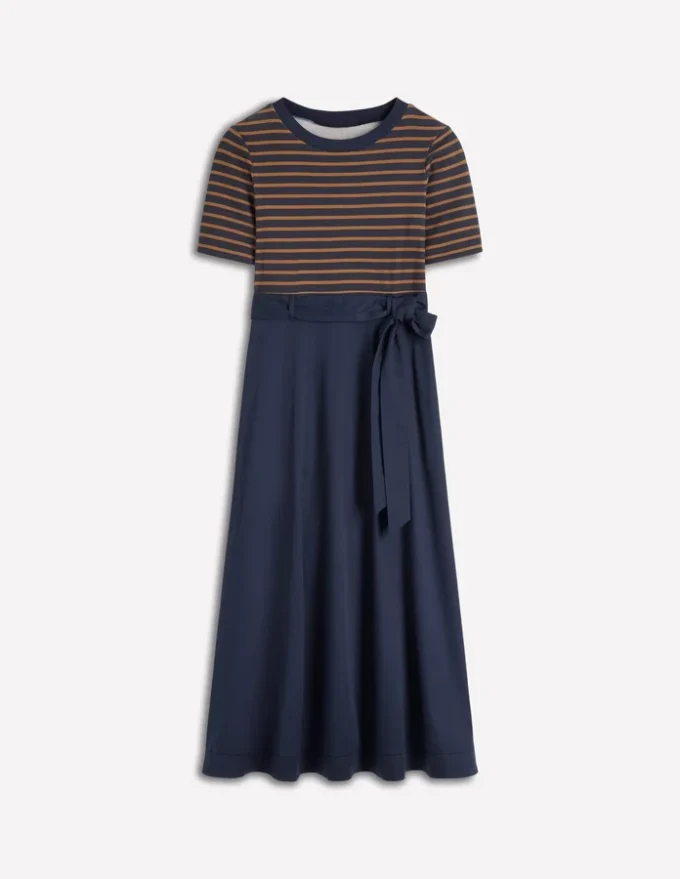 Crew Neck Mix Media Dress Navy and Gingerbread Stripe Crew Neck Mix Media Dress Navy and Gingerbread Stripe