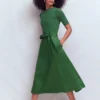 Crew Neck Mix Media Dress Promenade Green Crew Neck Mix Media Dress Promenade Green