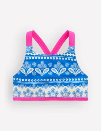 Cross-back Bikini Top Azure Blue Woodblock