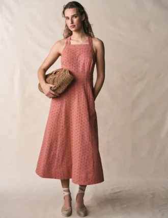 Cross Back Broderie Midi Dress Vintage Rose Broderie