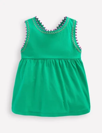 Cross-Back Pom Trim Top Aquamarine Blue