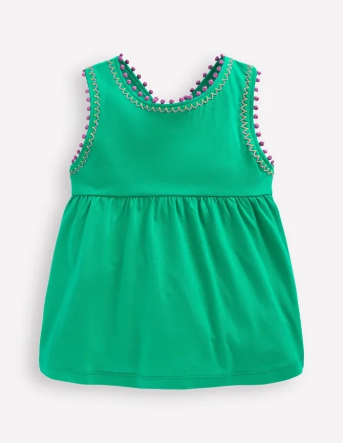 Cross-Back Pom Trim Top Aquamarine Blue