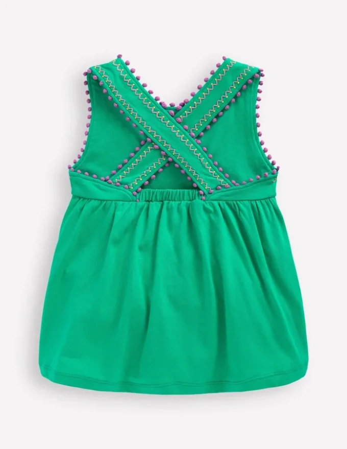 Cross-Back Pom Trim Top Aquamarine Blue