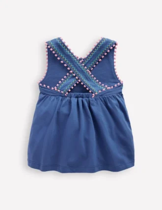 Cross-Back Pom Trim Top Azure Blue