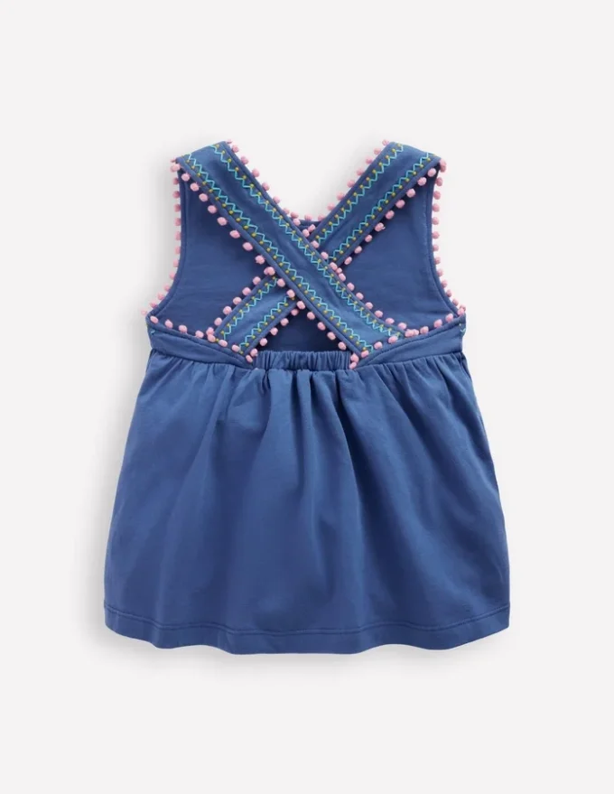 Cross-Back Pom Trim Top Azure Blue