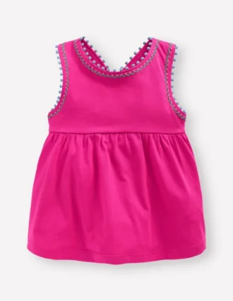 Cross-Back Pom Trim Top Pink Peony