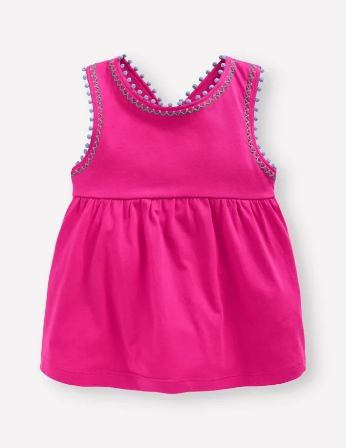 Cross-Back Pom Trim Top Pink Peony