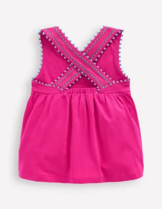Cross-Back Pom Trim Top Pink Peony