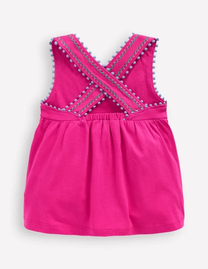 Cross-Back Pom Trim Top Pink Peony
